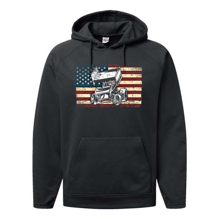 Dirt Track Racing Sprint Car Vintage Retro American Flag Gift Performance Fleece Hoodie