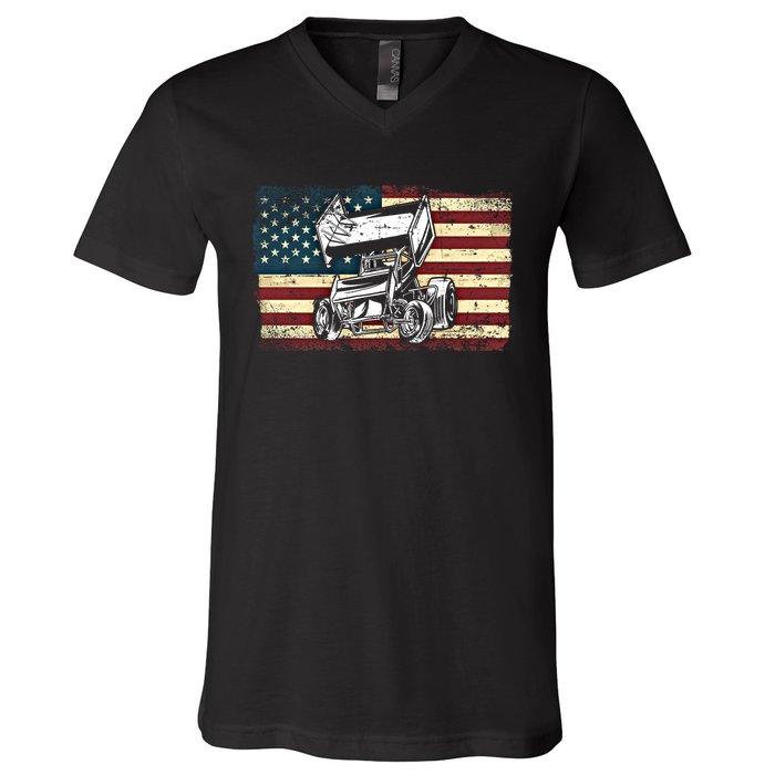 Dirt Track Racing Sprint Car Vintage Retro American Flag Gift V-Neck T-Shirt