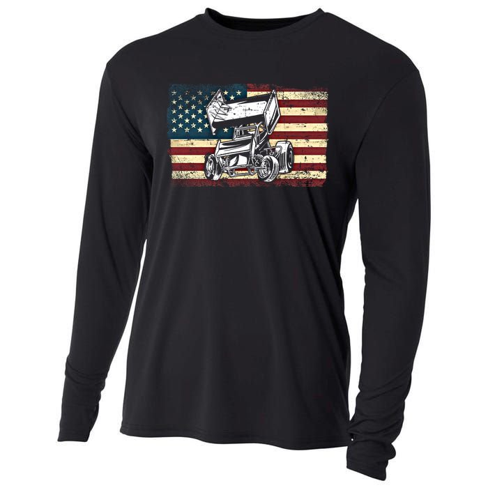 Dirt Track Racing Sprint Car Vintage Retro American Flag Gift Cooling Performance Long Sleeve Crew