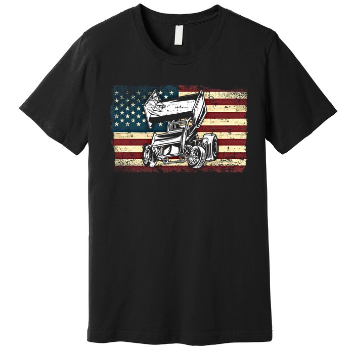 Dirt Track Racing Sprint Car Vintage Retro American Flag Gift Premium T-Shirt