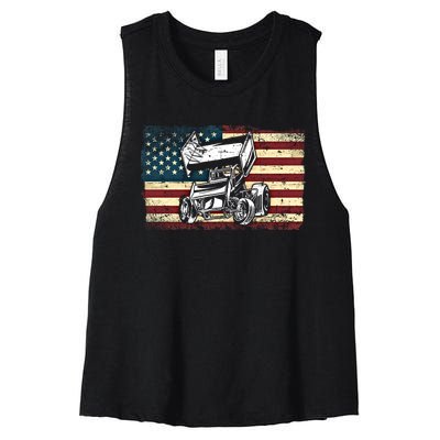 Dirt Track Racing Sprint Car Vintage Retro American Flag Gift Women's Racerback Cropped Tank