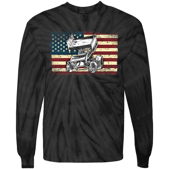 Dirt Track Racing Sprint Car Vintage Retro American Flag Gift Tie-Dye Long Sleeve Shirt