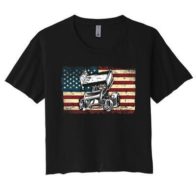 Dirt Track Racing Sprint Car Vintage Retro American Flag Gift Women's Crop Top Tee