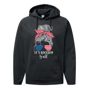 Dirt Track Racing Race Girl Usa American Flag Glasses Bun Performance Fleece Hoodie