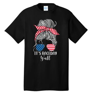 Dirt Track Racing Race Girl Usa American Flag Glasses Bun Tall T-Shirt