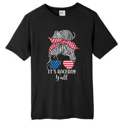 Dirt Track Racing Race Girl Usa American Flag Glasses Bun Tall Fusion ChromaSoft Performance T-Shirt