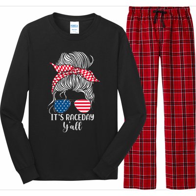 Dirt Track Racing Race Girl Usa American Flag Glasses Bun Long Sleeve Pajama Set