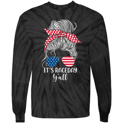 Dirt Track Racing Race Girl Usa American Flag Glasses Bun Tie-Dye Long Sleeve Shirt