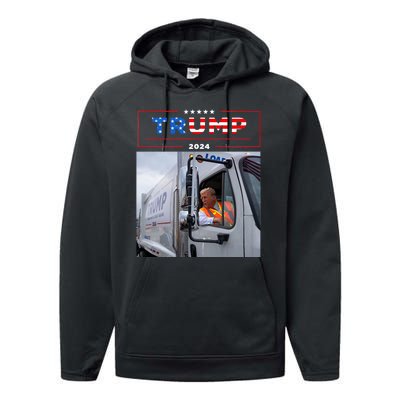 Donald Trump Rides In Garbage Truck Garbage Trump Performance Fleece Hoodie