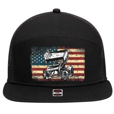 Dirt Track Racing Sprint Car Vintage Retro American Flag 7 Panel Mesh Trucker Snapback Hat