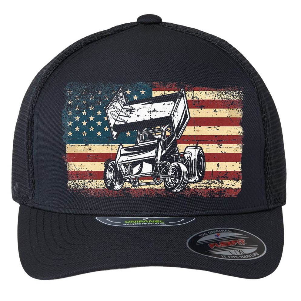 Dirt Track Racing Sprint Car Vintage Retro American Flag Flexfit Unipanel Trucker Cap