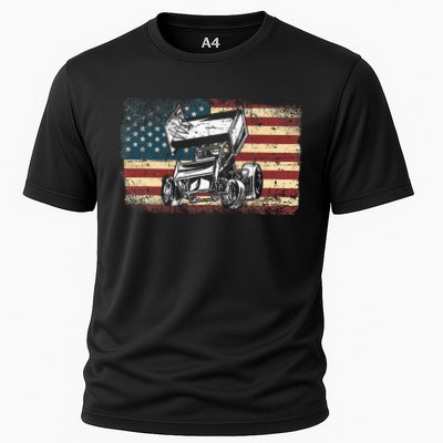 Dirt Track Racing Sprint Car Vintage Retro American Flag Cooling Performance Crew T-Shirt