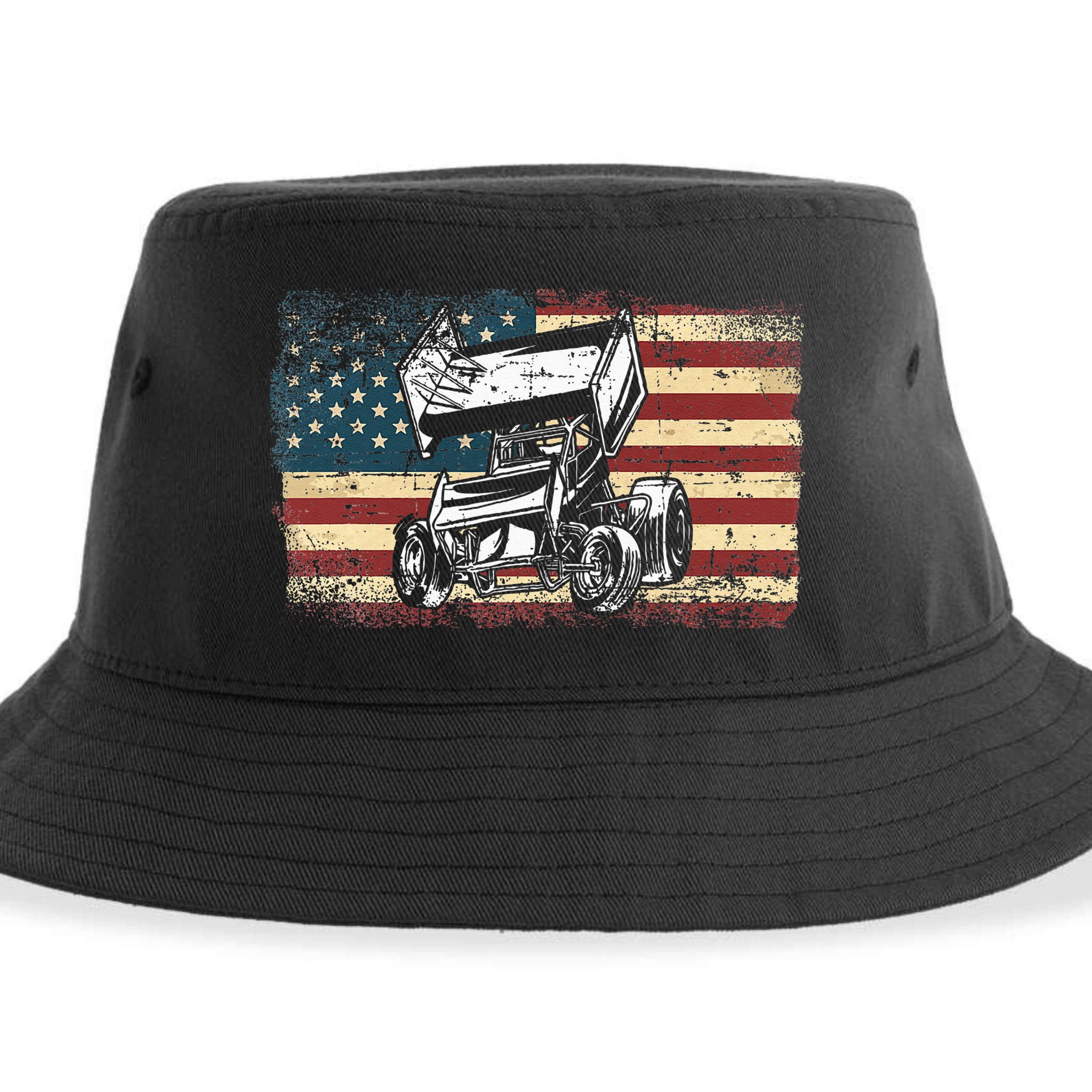 Dirt Track Racing Sprint Car Vintage Retro American Flag Sustainable Bucket Hat