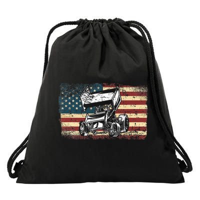 Dirt Track Racing Sprint Car Vintage Retro American Flag Drawstring Bag