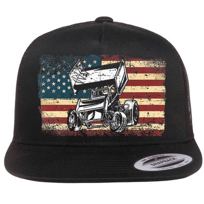 Dirt Track Racing Sprint Car Vintage Retro American Flag Flat Bill Trucker Hat