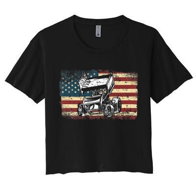 Dirt Track Racing Sprint Car Vintage Retro American Flag Women's Crop Top Tee