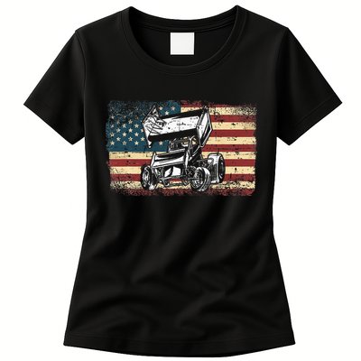 Dirt Track Racing Sprint Car Vintage Retro American Flag Womens T-Shirt