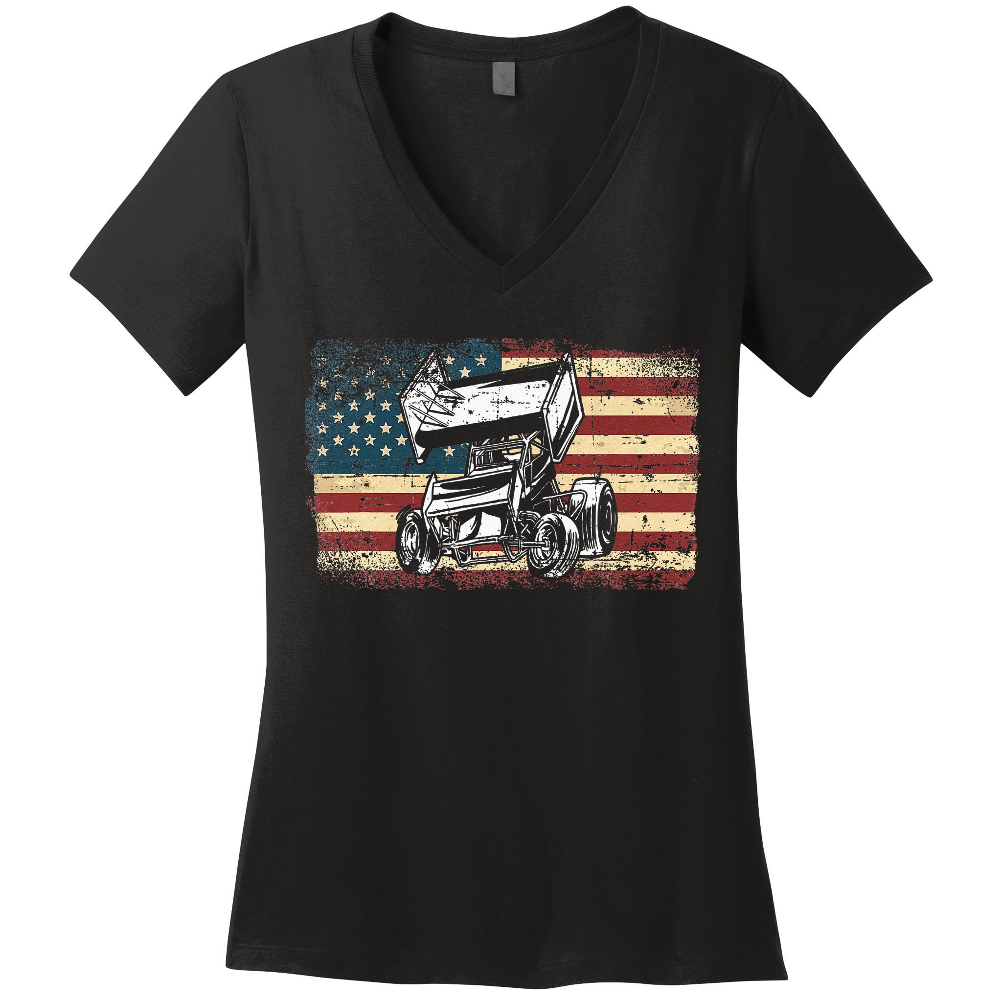 Dirt Track Racing Sprint Car Vintage Retro American Flag Women's V-Neck T-Shirt