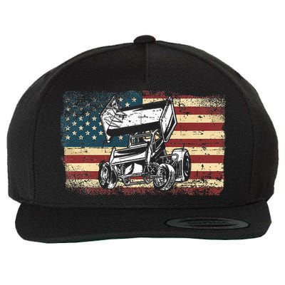 Dirt Track Racing Sprint Car Vintage Retro American Flag Wool Snapback Cap