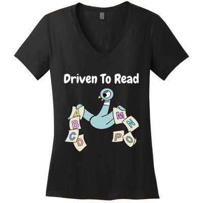 Driven To Read Pigeon Library Reading Books Reader Women's V-Neck T-Shirt