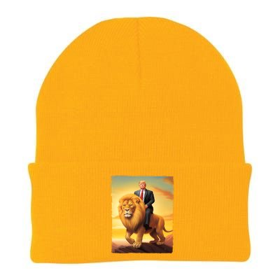 Donald Trump Riding A Lion Trump Art Fun Funny Trump Funny Gift Cute Gift Knit Cap Winter Beanie