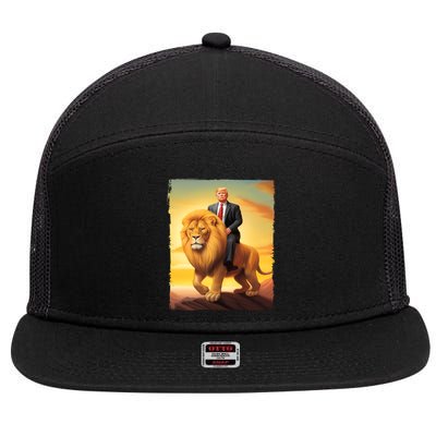 Donald Trump Riding A Lion Trump Art Fun Funny Trump Funny Gift Cute Gift 7 Panel Mesh Trucker Snapback Hat