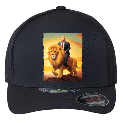 Donald Trump Riding A Lion Trump Art Fun Funny Trump Funny Gift Cute Gift Flexfit Unipanel Trucker Cap