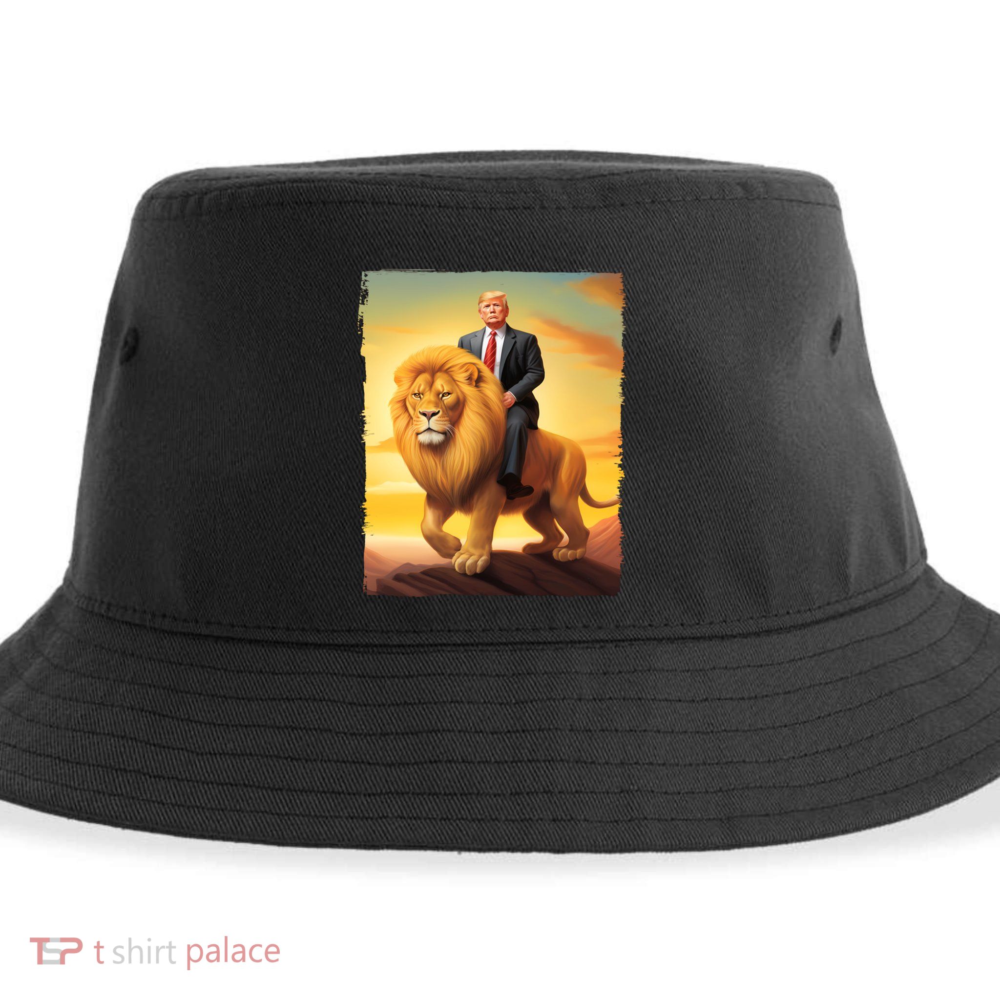 Donald Trump Riding A Lion Trump Art Fun Funny Trump Funny Gift Cute Gift Sustainable Bucket Hat
