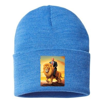 Donald Trump Riding A Lion Trump Art Fun Funny Trump Funny Gift Cute Gift Sustainable Knit Beanie