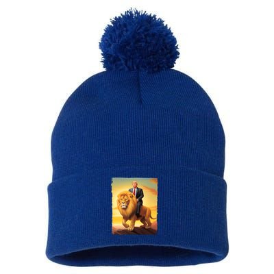 Donald Trump Riding A Lion Trump Art Fun Funny Trump Funny Gift Cute Gift Pom Pom 12in Knit Beanie