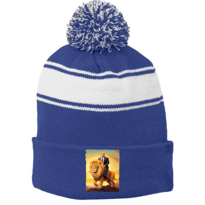 Donald Trump Riding A Lion Trump Art Fun Funny Trump Funny Gift Cute Gift Stripe Pom Pom Beanie