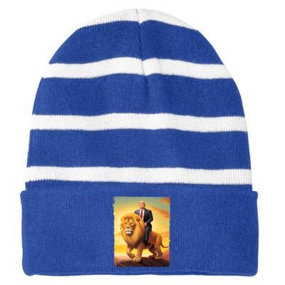 Donald Trump Riding A Lion Trump Art Fun Funny Trump Funny Gift Cute Gift Striped Beanie with Solid Band