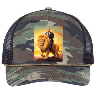 Donald Trump Riding A Lion Trump Art Fun Funny Trump Funny Gift Cute Gift Retro Rope Trucker Hat Cap