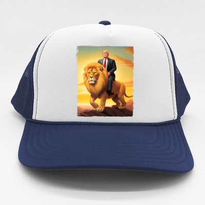 Donald Trump Riding A Lion Trump Art Fun Funny Trump Funny Gift Cute Gift Trucker Hat