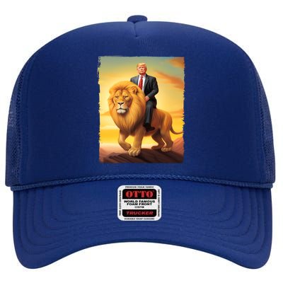 Donald Trump Riding A Lion Trump Art Fun Funny Trump Funny Gift Cute Gift High Crown Mesh Back Trucker Hat