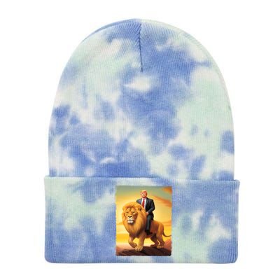 Donald Trump Riding A Lion Trump Art Fun Funny Trump Funny Gift Cute Gift Tie Dye 12in Knit Beanie