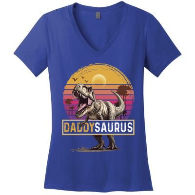 Daddysaurus T Rex Dinosaur Dad Saurus Family Matching Gift Women's V-Neck T-Shirt