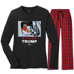 Donald Trump Rides In Garbage Truck Women's Long Sleeve Flannel Pajama Set 