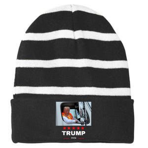 Donald Trump Rides In Garbage Truck Striped Beanie with Solid Band