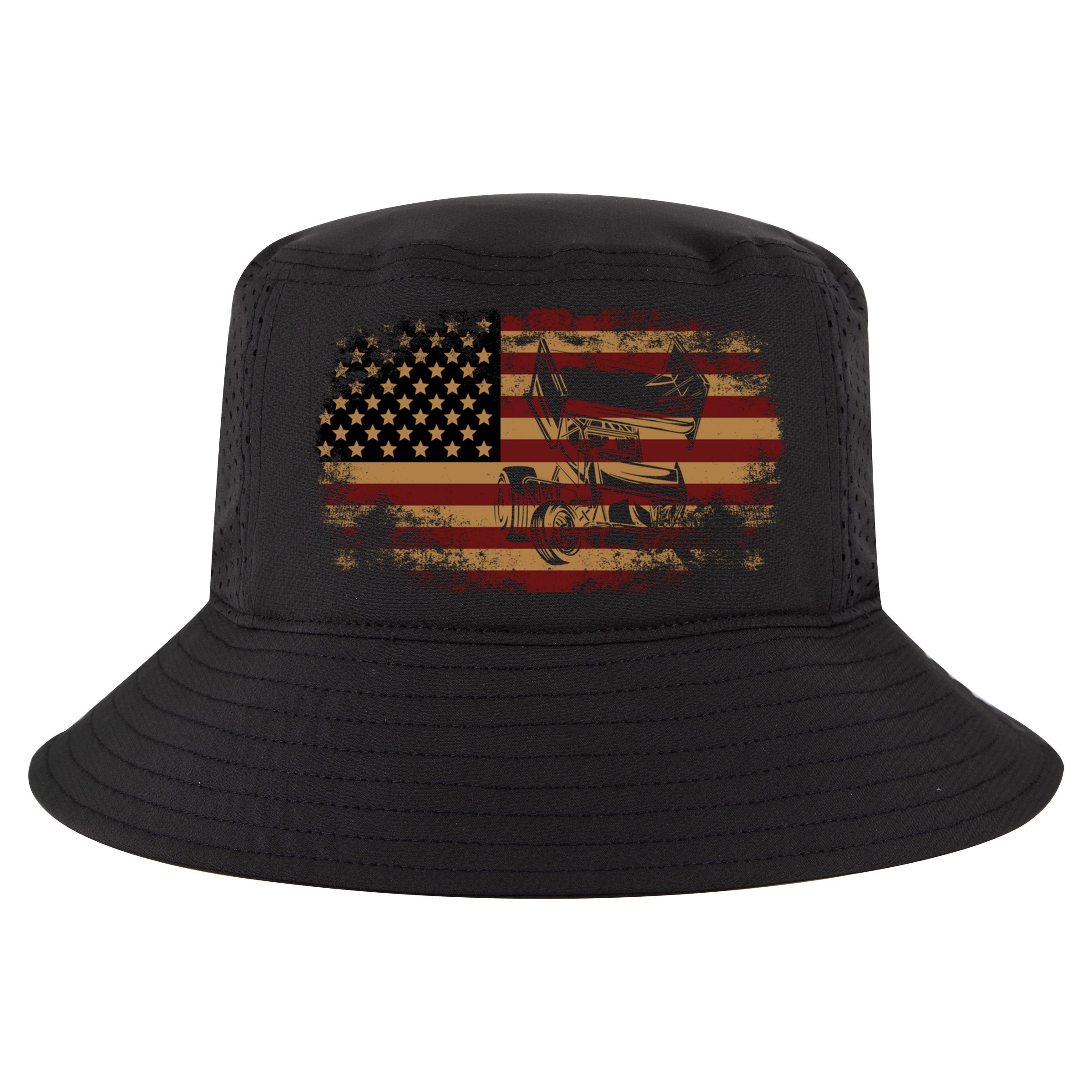Dirt Track Racing Sprint Car Vintage Usa American Flag Gift Cool Comfort Performance Bucket Hat