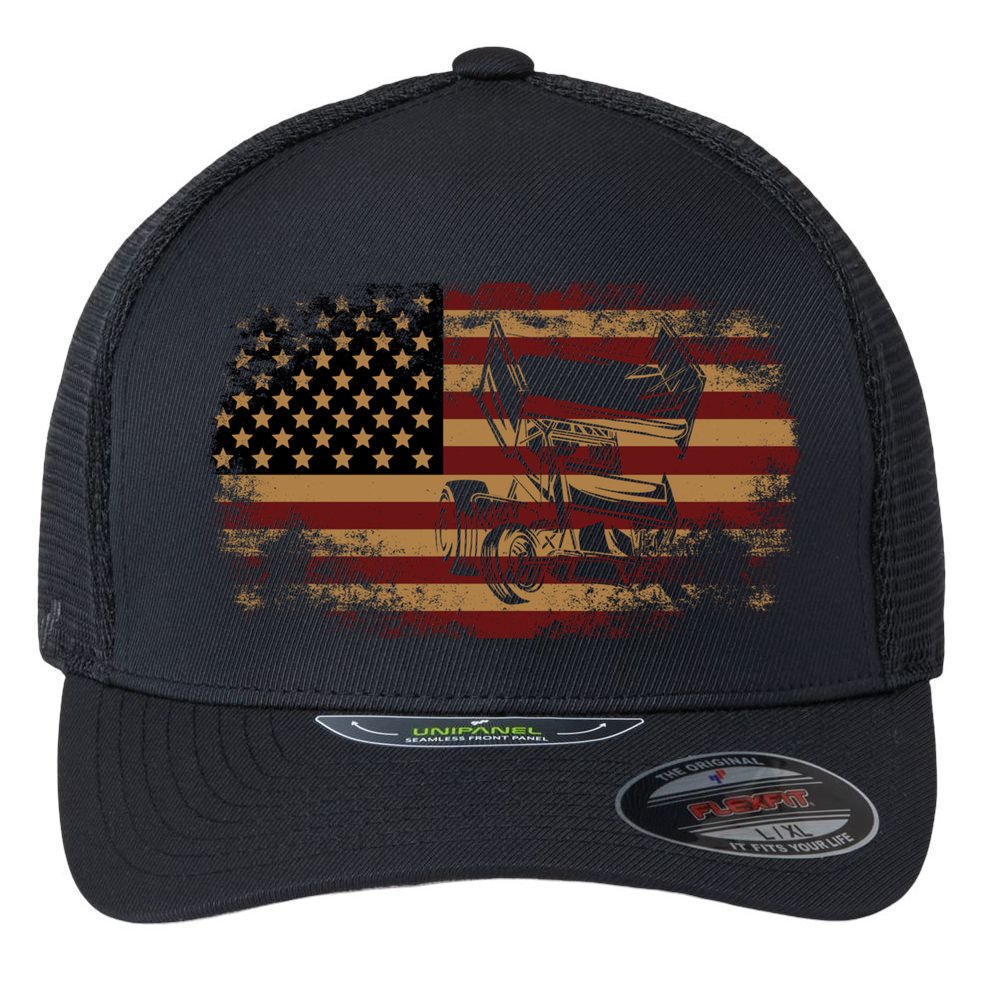Dirt Track Racing Sprint Car Vintage Usa American Flag Gift Flexfit Unipanel Trucker Cap