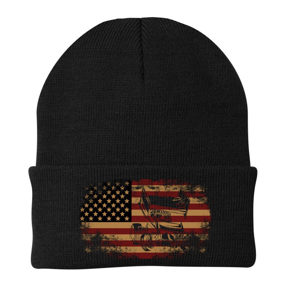 Dirt Track Racing Sprint Car Vintage Usa American Flag Gift Beanie