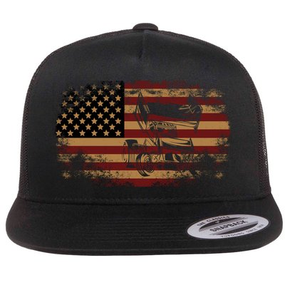 Dirt Track Racing Sprint Car Vintage Usa American Flag Gift Flat Bill Trucker Hat