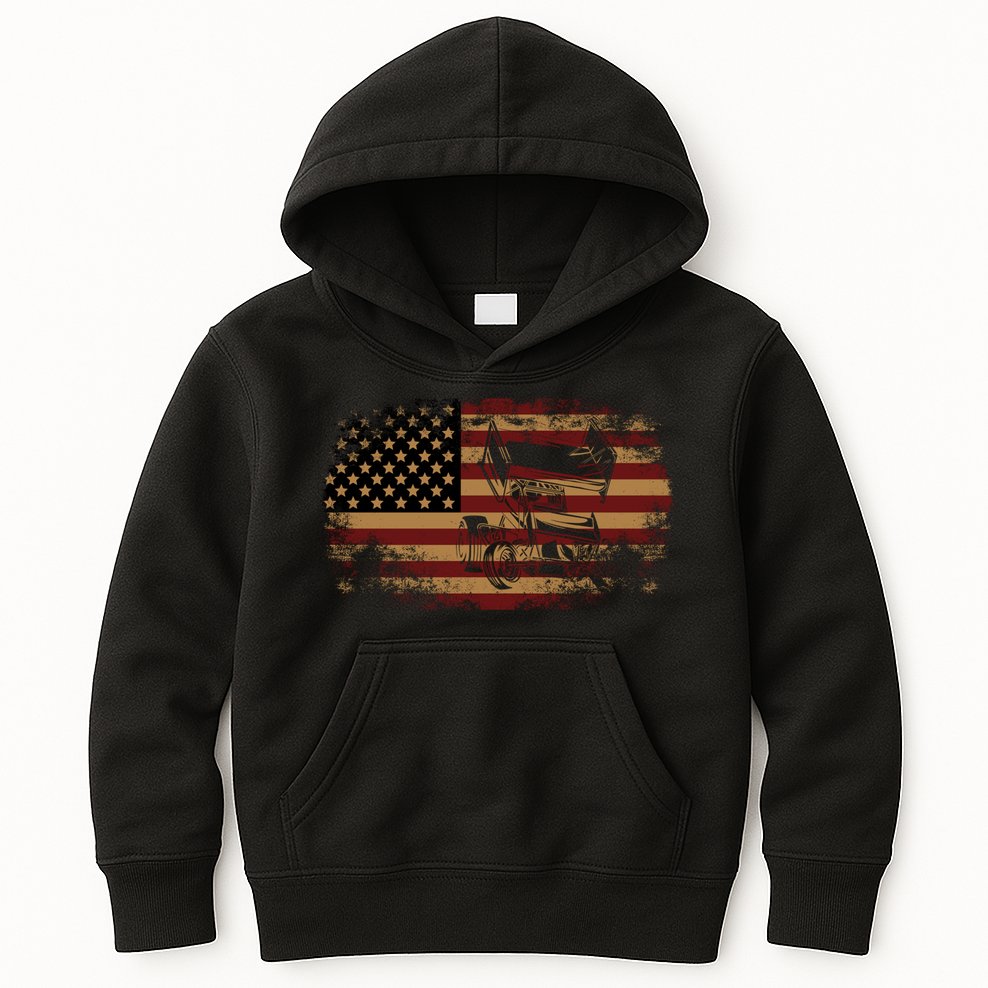 Dirt Track Racing Sprint Car Vintage Usa American Flag Gift Kids Hoodie