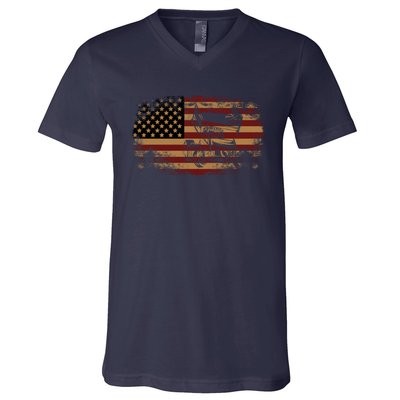 Dirt Track Racing Sprint Car Vintage Usa American Flag Gift V-Neck T-Shirt