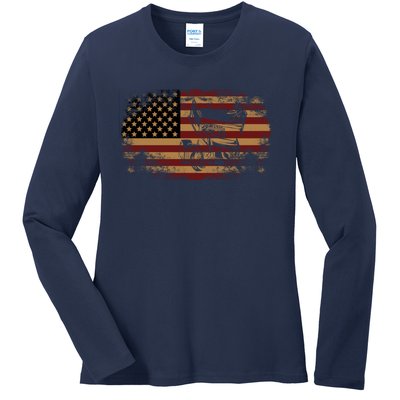 Dirt Track Racing Sprint Car Vintage Usa American Flag Gift Ladies Long Sleeve Shirt