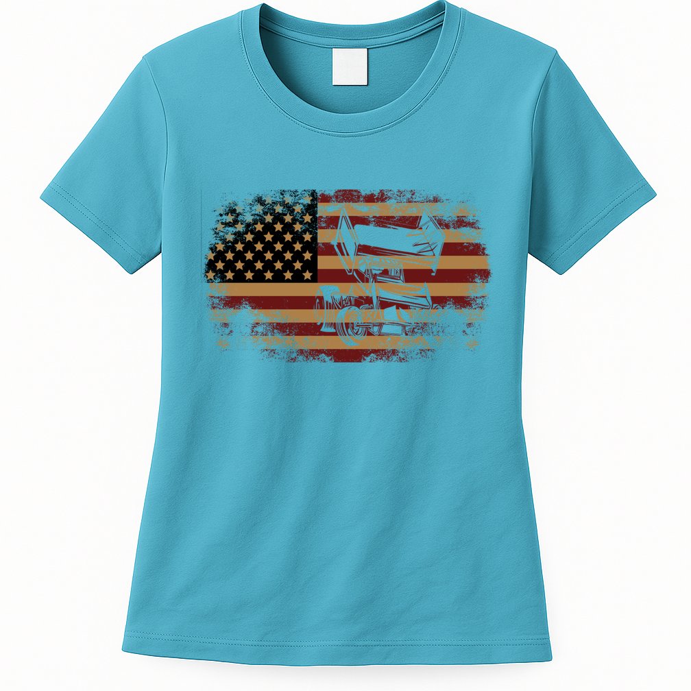 Dirt Track Racing Sprint Car Vintage Usa American Flag Gift Womens T-Shirt