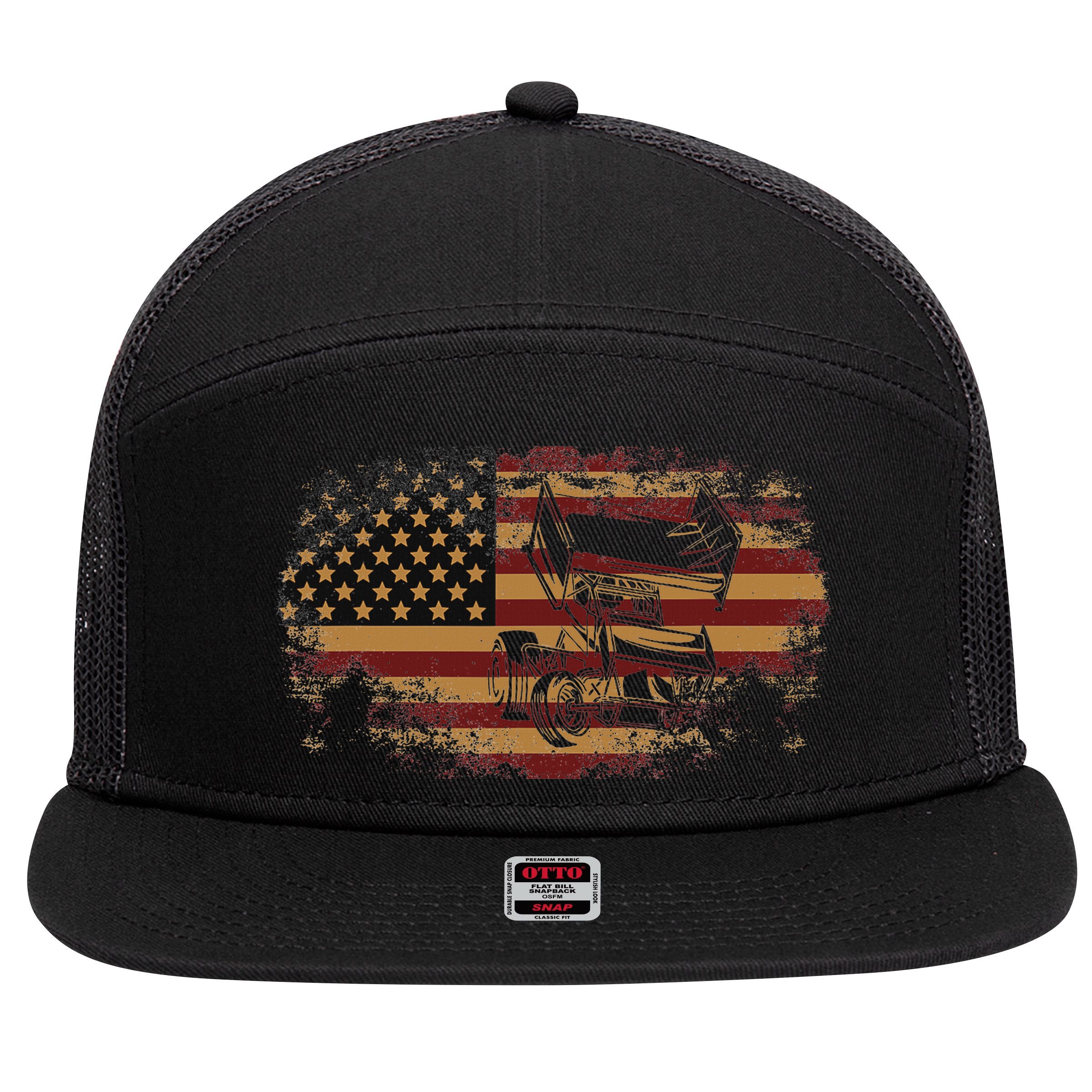 Dirt Track Racing Sprint Car Vintage Usa American Flag 7 Panel Mesh Trucker Snapback Hat