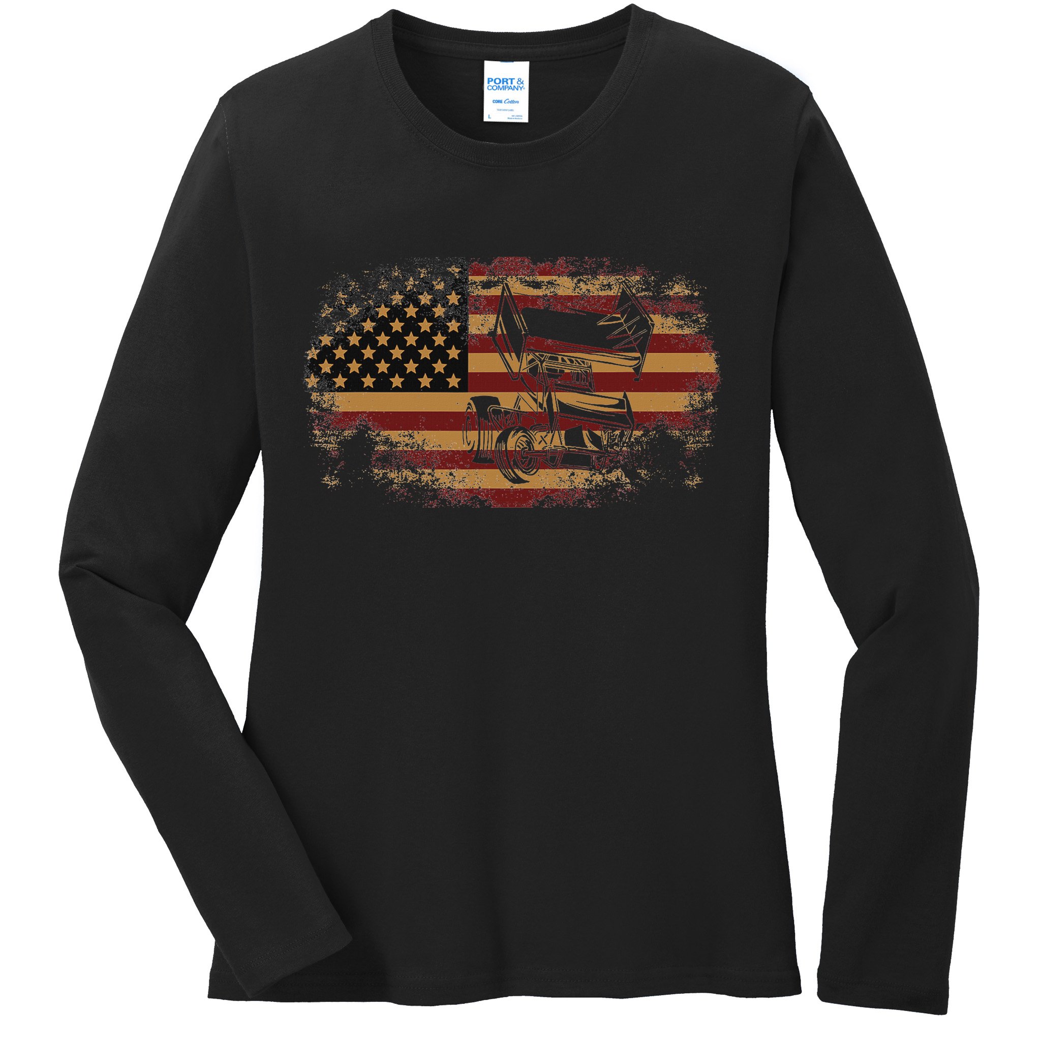 Dirt Track Racing Sprint Car Vintage Usa American Flag Ladies Long Sleeve Shirt