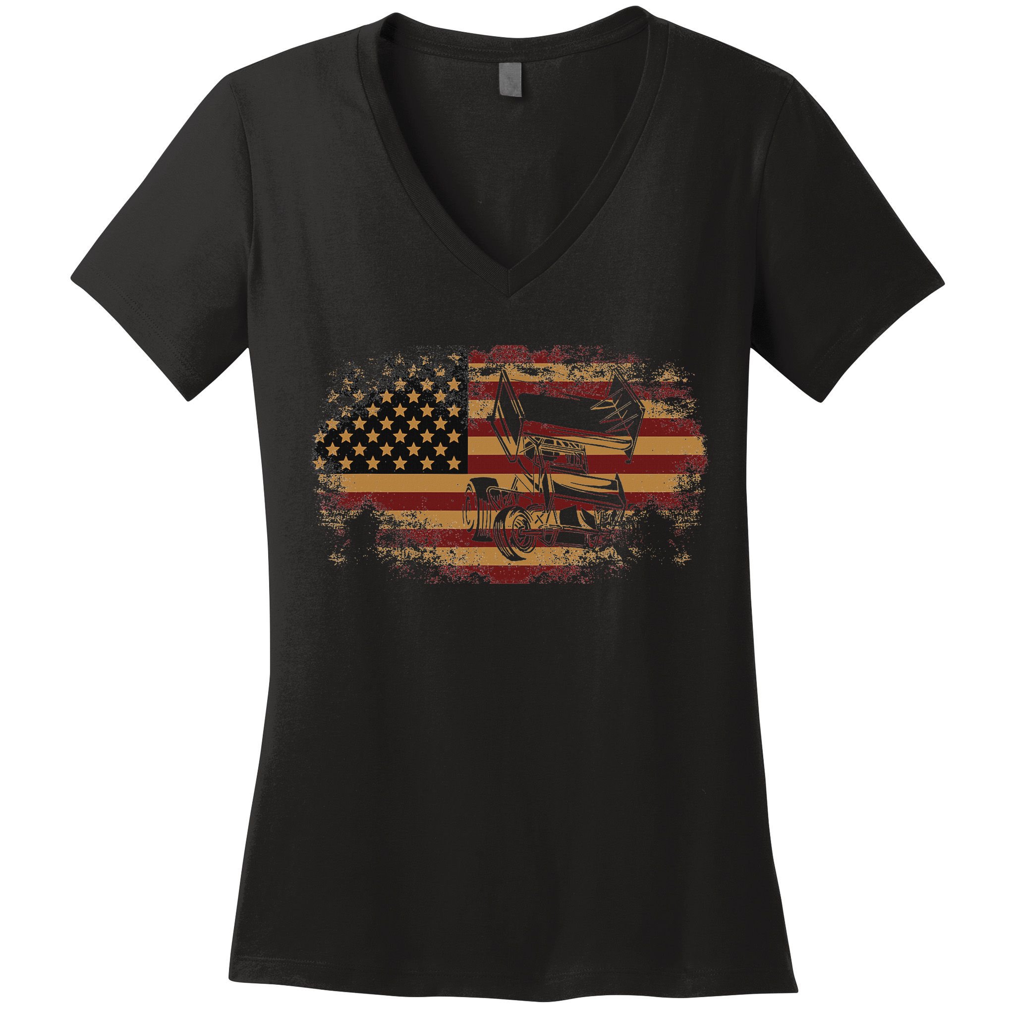 Dirt Track Racing Sprint Car Vintage Usa American Flag Women's V-Neck T-Shirt